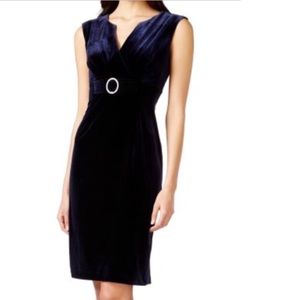 Connected Surplice Brooch Navy Velvet Sheath Dress